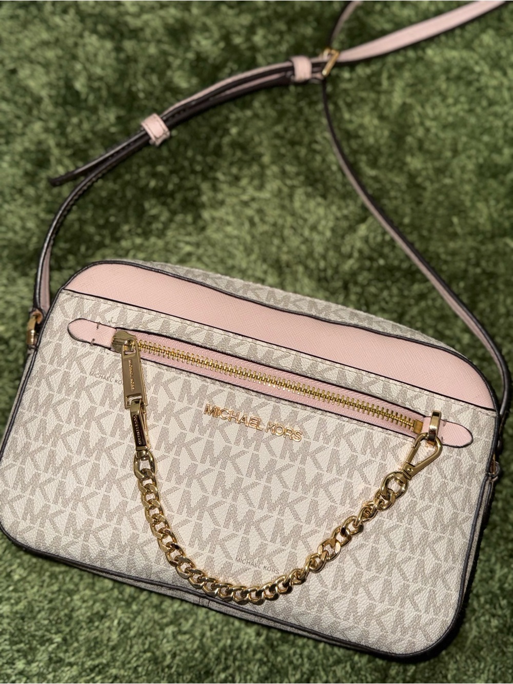 Michael Kors Pink and Vanilla Signature Crossbody with Gold Chain